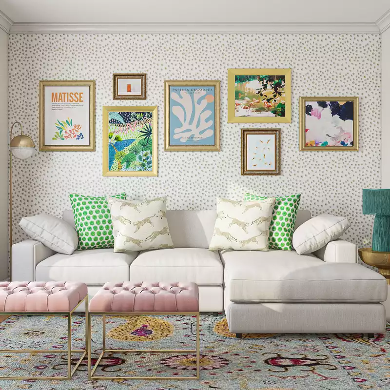 Glam, Preppy Living Room Design by Havenly Interior Designer Kara