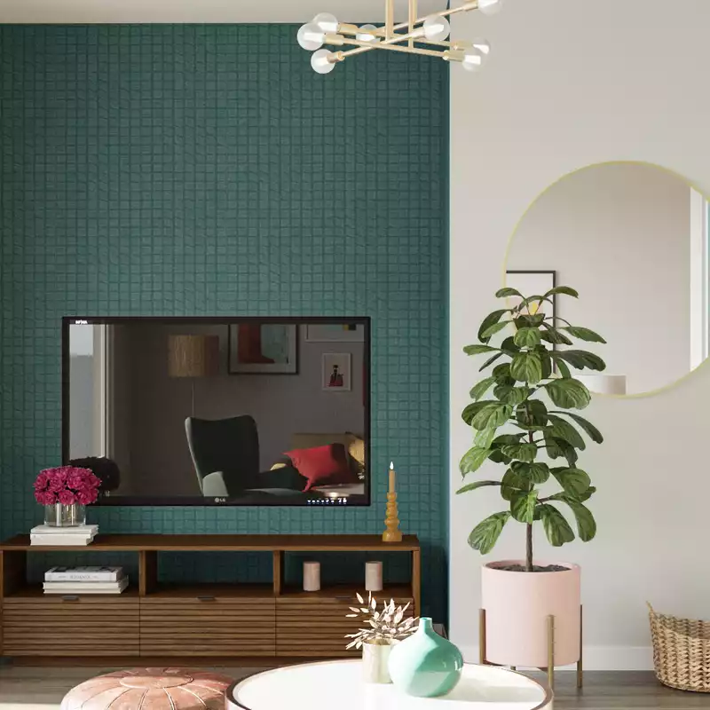 Bohemian, Glam, Midcentury Modern Living Room Design by Havenly Interior Designer Priscila