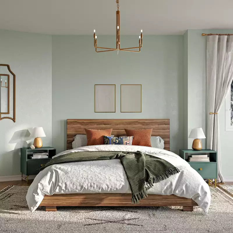 Bohemian, Midcentury Modern, Preppy Bedroom Design by Havenly Interior Designer Freddi