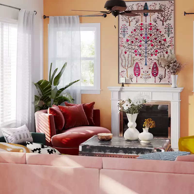 Bohemian, Preppy Living Room Design by Havenly Interior Designer Isabel