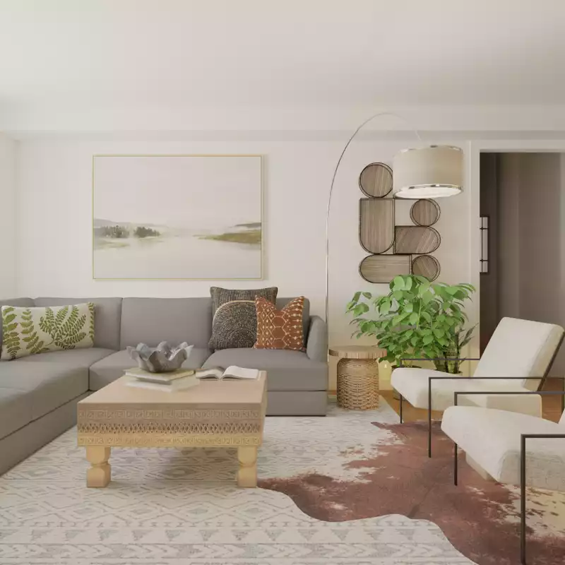 Bohemian, Industrial, Rustic, Warm Transitional Living Room Design by Havenly Interior Designer Andrew