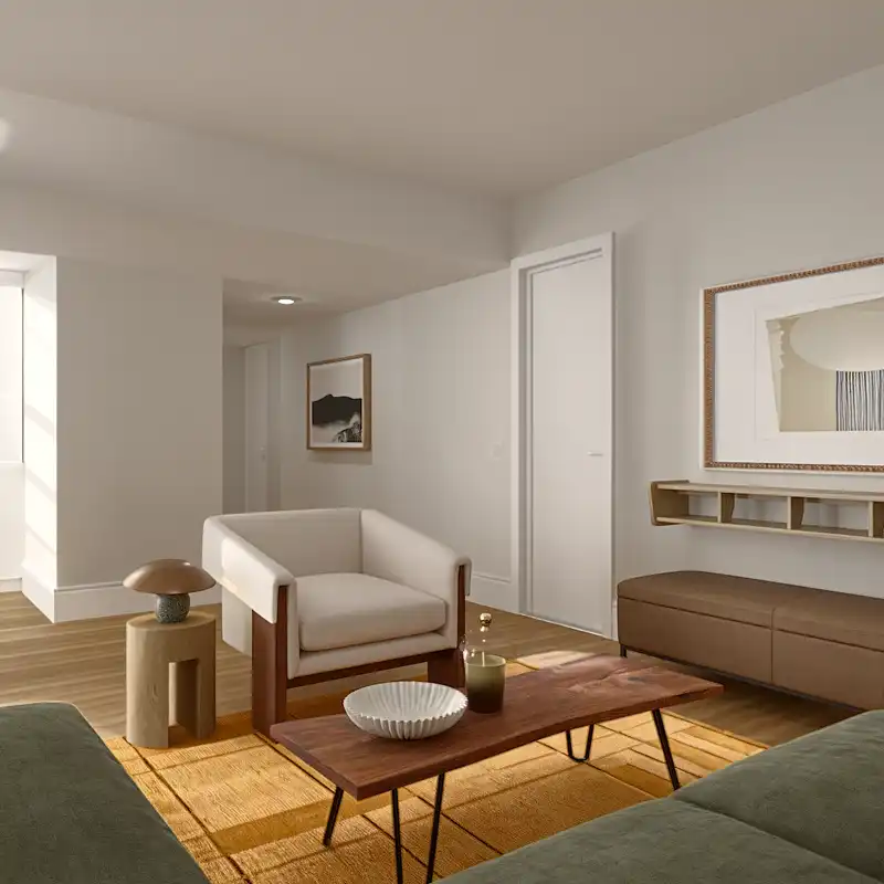 Inspired Modern, Midcentury Scandi, Warm Transitional Living Room Design by Havenly Interior Designer Andrew