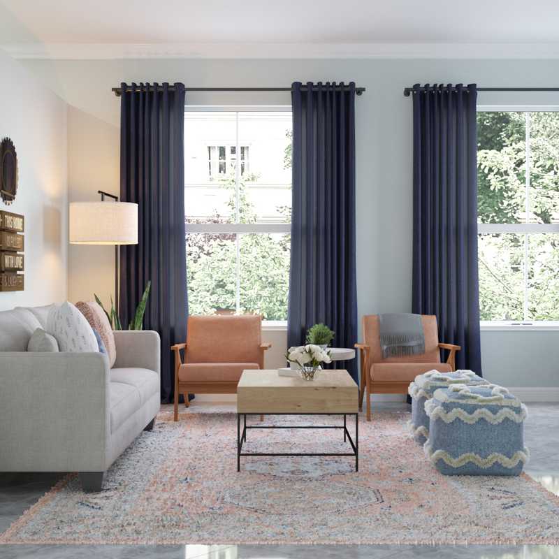 Bohemian, Farmhouse, Midcentury Modern Living Room Design by Havenly Interior Designer Christine