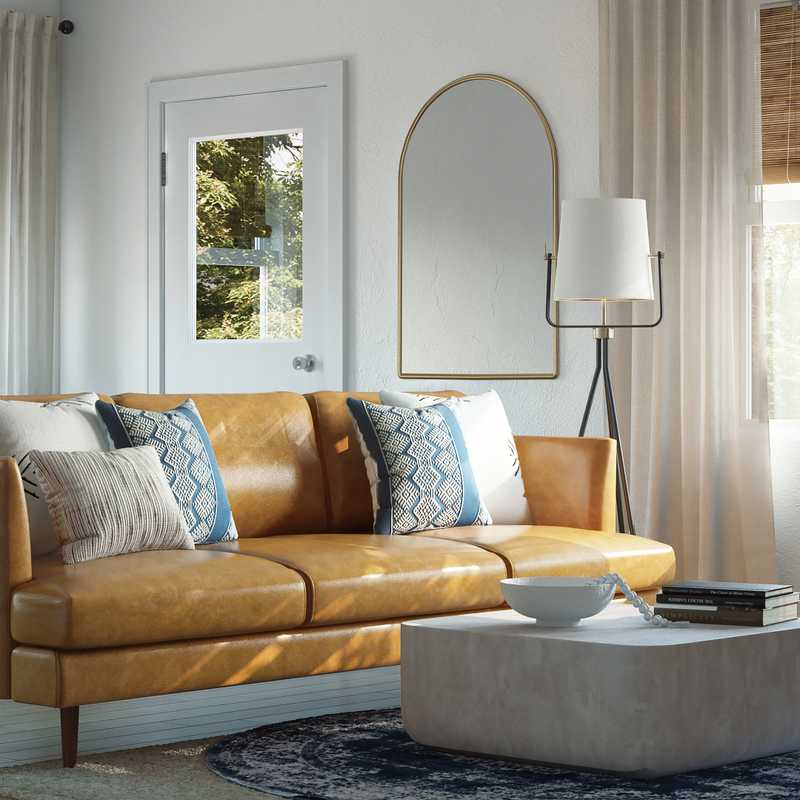 Bohemian, Coastal, Transitional Living Room Design by Havenly Interior Designer Emily