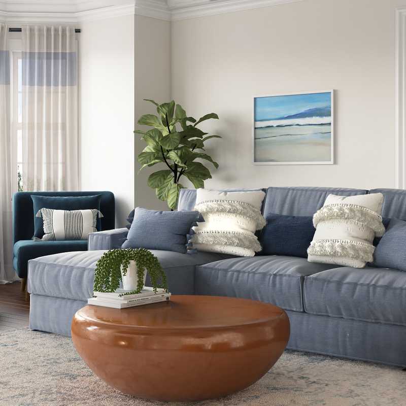 Bohemian, Coastal, Midcentury Modern Living Room Design by Havenly Interior Designer Amelia