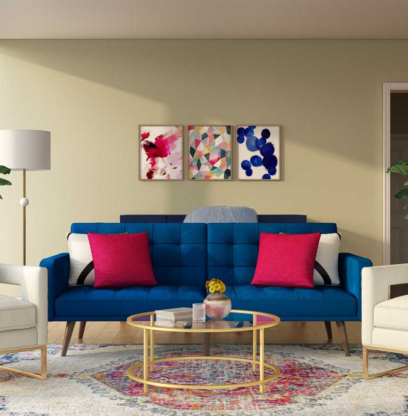 Bohemian, Glam, Midcentury Modern Living Room Design by Havenly Interior Designer Dana