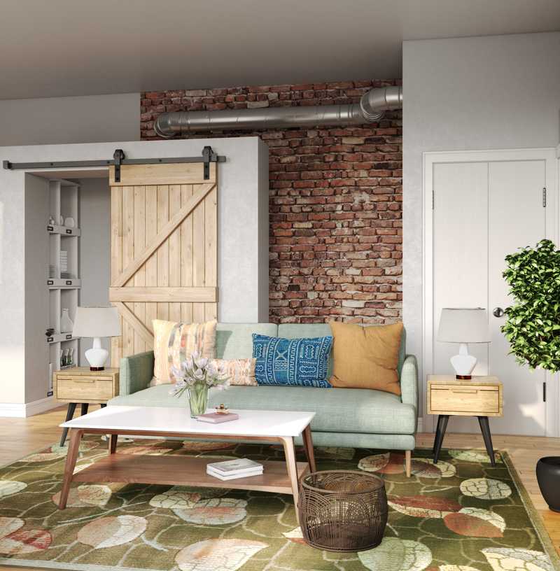 Eclectic, Bohemian, Industrial, Farmhouse, Rustic, Midcentury Modern, Scandinavian Living Room Design by Havenly Interior Designer Haley