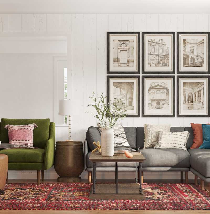 Eclectic, Bohemian, Library, Vintage, Global, Midcentury Modern Living Room Design by Havenly Interior Designer Nicole