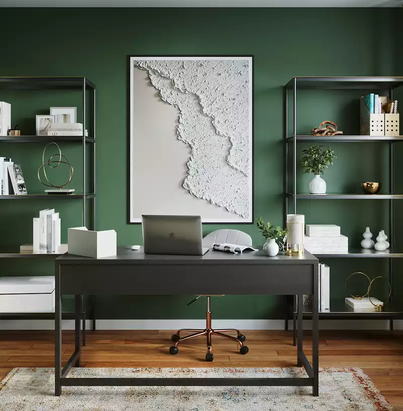 Bohemian, Coastal, Midcentury Modern Office Design by Havenly Interior Designer Havenly