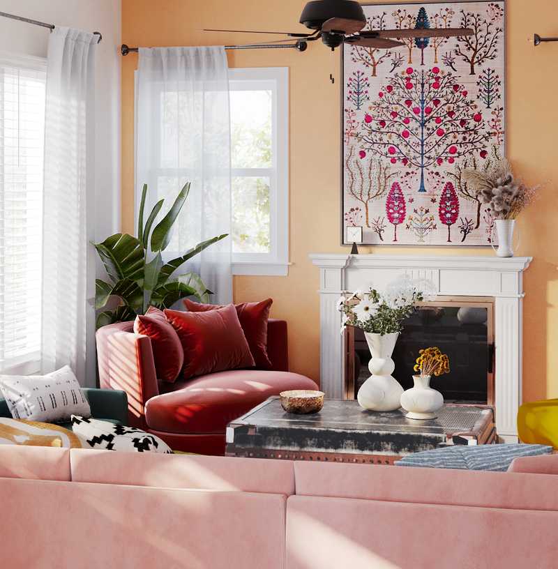 Bohemian, Preppy Living Room Design by Havenly Interior Designer Isabel