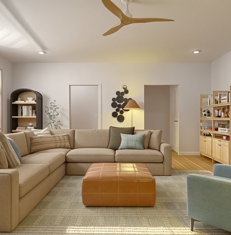 Midcentury Modern, Minimal, Warm Transitional Playroom Design by Havenly Interior Designer Kait