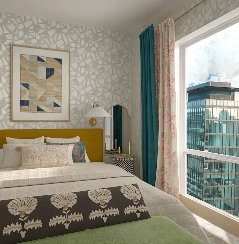 Bohemian, Global, Midcentury Modern, Warm Transitional Bedroom Design by Havenly Interior Designer Andrew