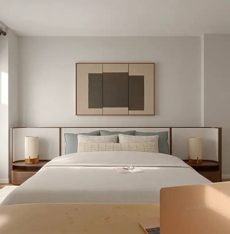 Midcentury Modern, Midcentury Scandi, Warm Transitional Bedroom Design by Havenly Interior Designer Andrew