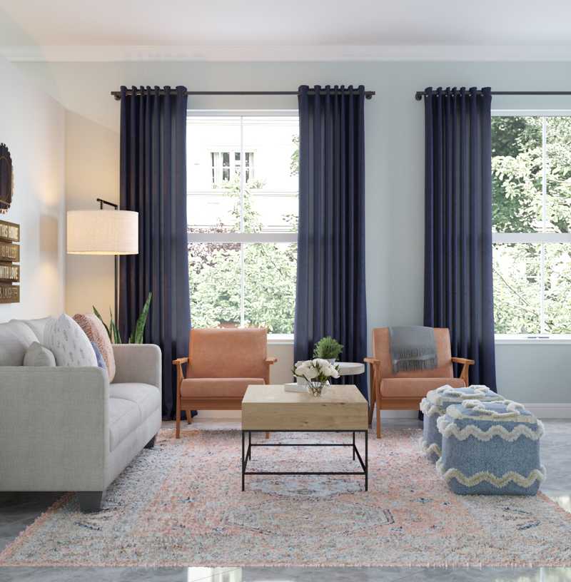 Bohemian, Farmhouse, Midcentury Modern Living Room Design by Havenly Interior Designer Christine