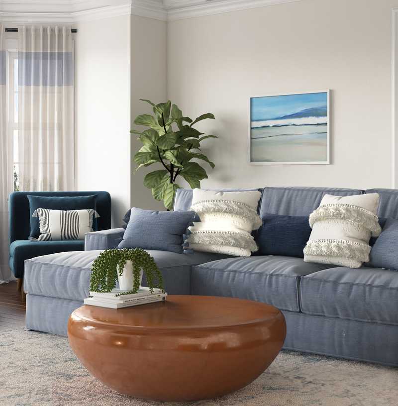 Bohemian, Coastal, Midcentury Modern Living Room Design by Havenly Interior Designer Amelia
