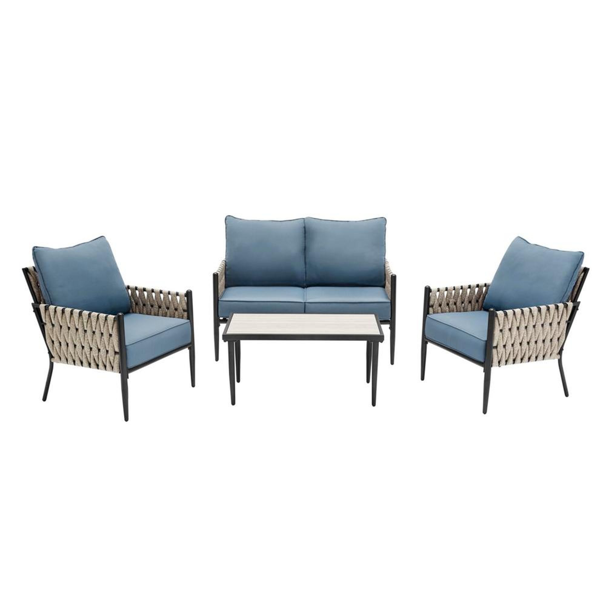 Hampton Bay Dockview 4Piece Metal Outdoor Patio Conversation Set with Blue Cushions Home