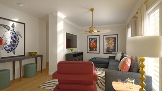 Midcentury Modern, Midcentury Scandi, Warm Transitional Living Room by Havenly Interior Designer Kait