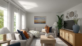 Bohemian, California Cool, Warm Transitional Living Room by Havenly Interior Designer Sara