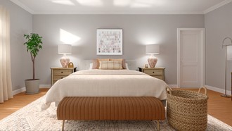Farmhouse, Transitional, Midcentury Scandi, Warm Transitional Bedroom by Havenly Interior Designer Mildred