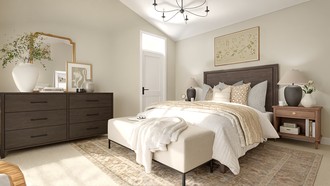 Farmhouse, Transitional, Warm Transitional Bedroom by Havenly Interior Designer Emilee