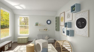 California Cool, Warm Transitional Playroom by Havenly Interior Designer Alexis