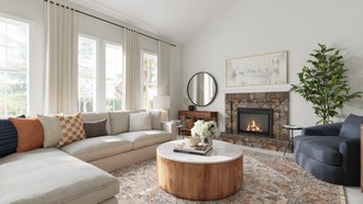 Warm Transitional Living Room by Havenly Interior Designer Shadnaz