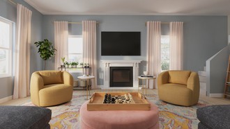 Preppy, Artful Eclectic Living Room by Havenly Interior Designer Rachel