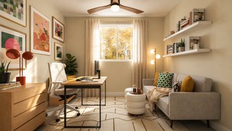 Scandinavian, Midcentury Scandi, Warm Transitional, Artful Eclectic Office by Havenly Interior Designer Jess