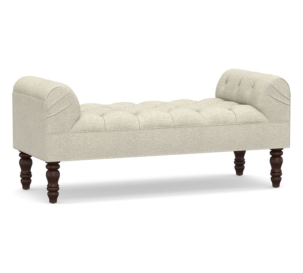 Lorraine Upholstered Tufted Bench, Performance Heathered Basketweave