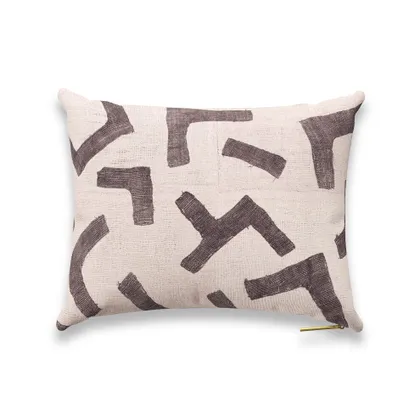 Ecru Figures Kuba Cloth Pillow by St. Frank | Grey | 16" W x 12" H | Sheepskin/Linen