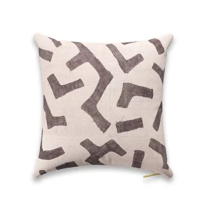 Ecru Figures Kuba Cloth Pillow by St. Frank | Grey | 18" W x 18" H | Sheepskin/Linen