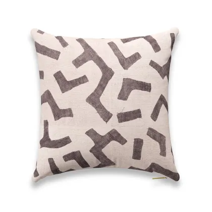 Ecru Figures Kuba Cloth Pillow by St. Frank | Grey | 22" W x 22" H | Sheepskin/Linen