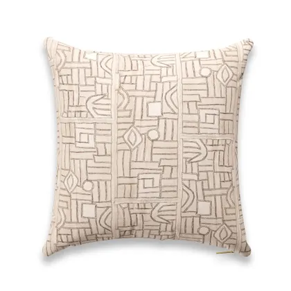 Ecru Maze Kuba Cloth Pillow by St. Frank | Brown | 26" W x 26" H | Linen