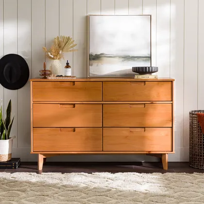 Mid-Century Modern Solid Wood 6-Drawer Dresser - Caramel