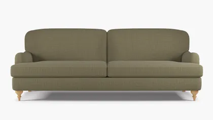 English Roll Arm Sofa, Olive Everyday Linen, Natural Turned Wood Leg
