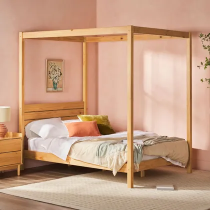 Minimalist Solid Wood Canopy Full Bed - Natural