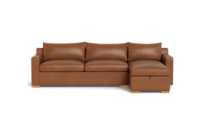 Sloan Leather Chaise Sleeper Storage Sectional | Natural Oak Legs | Down Alternative Cushions