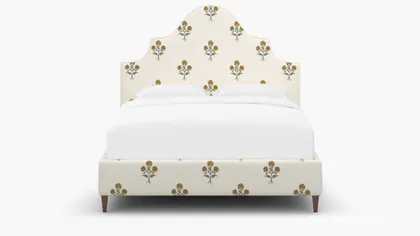 Statement Bed, Marigold Delphine, Walnut Square Tapered Leg, Queen