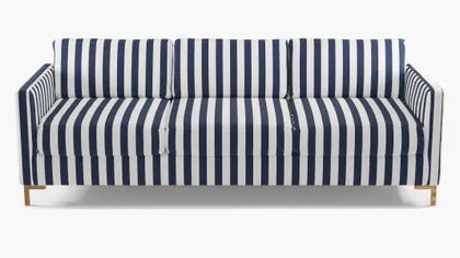 Modern Sofa, Navy Cabana Stripe, Brass L Leg