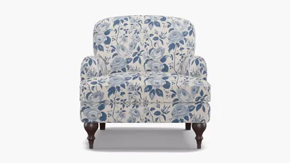 English Roll Arm Chair, Delft Chintz, Espresso Turned Wood Leg