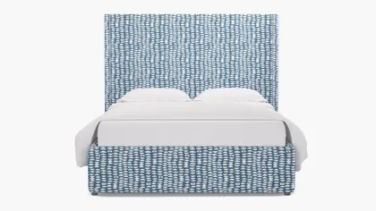 Modern Wingback Bed, Dusty Blue Odalisque, Queen