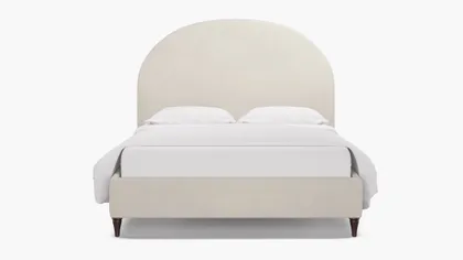 Demilune Bed, White Performance Velvet, Espresso Decorative Tapered Leg, Queen
