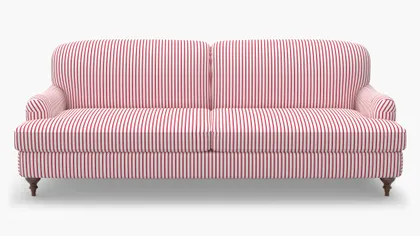 English Roll Arm Sofa, Red Classic Ticking Stripe, Walnut Turned Wood Leg