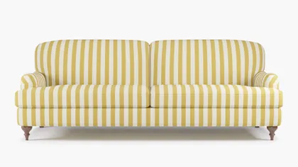 English Roll Arm Sofa, Citrine Cabana Stripe, Walnut Turned Wood Leg