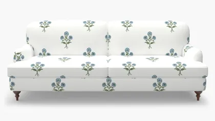 English Roll Arm Sofa, Blue Delphine, Walnut Turned Wood Leg