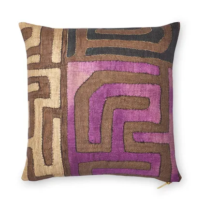 Plum Patchwork Kuba Cloth Pillow by St. Frank | Brown | 22" W x 22" H | Linen