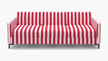 Modern Sofa, Red Cabana Stripe, Bronze L Leg