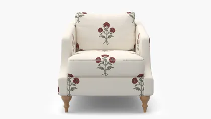 Slope Arm Chair, Red Delphine, Natural Turned Wood Leg