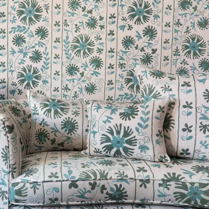 Sage Ribbon Suzani Pillow by St. Frank | Blue | 16" W x 12" H | Linen