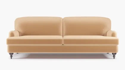 English Roll Arm Sofa, Camel Performance Plush Velvet, Espresso Turned Wood Leg